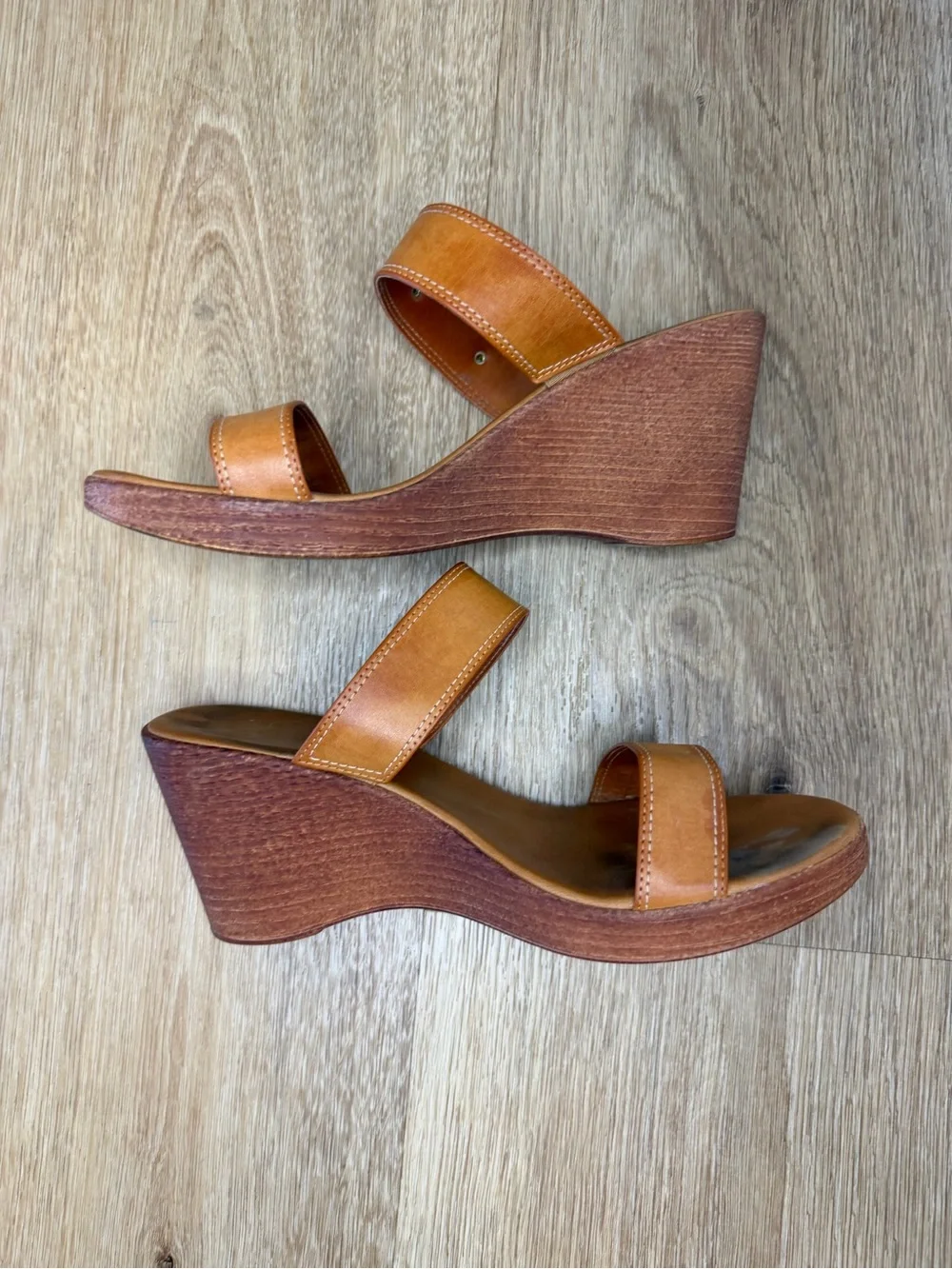 Italian Shoemakers made in Italy size 9 Tan Leather Double-Strap Wedge Sandals